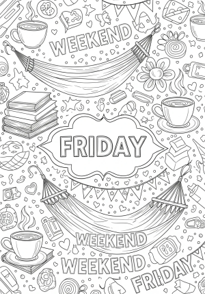 An intricate pattern of weekend activities like coffee cups, books, and a hammock set against a festive Friday background.