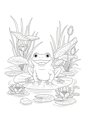 A playful frog sitting on a lily pad surrounded by detailed aquatic plants and blooming flowers.