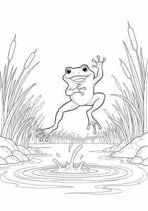A cheerful frog jumping over a pond with ripples, cattails, and reeds in the background.