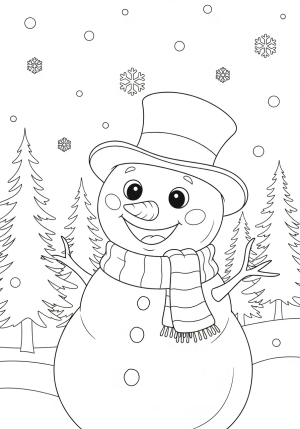 A cheerful snowman wearing a cozy scarf and a top hat, surrounded by falling snowflakes and pine trees in the background