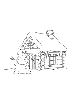 A adorable snowman with a crooked carrot nose and stick arms, standing next to a snow-covered log cabin with icicles hanging from the roof