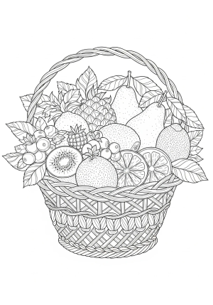 An intricately designed fruit basket featuring a mix of berries, pears, kiwis, and citrus slices, with lush foliage and ornate patterns filling the composition