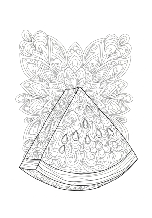 A single intricately designed watermelon slice with seeds and a textured rind, set against a decorative background