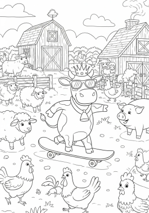 A cheerful cow wearing a crown and sunglasses, riding a skateboard through a farmyard filled with playful animals