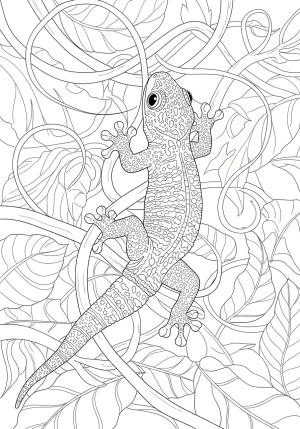 A detailed illustration of a playful gecko climbing on tropical vines with intricate patterns on its skin, surrounded by leaves and flowers