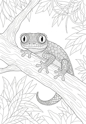 A whimsical scene of a gecko sitting on a textured tree branch, with large expressive eyes and patterned scales, amidst a lush jungle setting