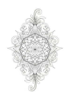 A detailed illustration of a sparkling gemstone surrounded by intricate geometric patterns and decorative flourishes