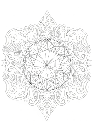 A close-up of a dazzling cut gemstone with facets reflecting light, set against an ornate, ornamental background with swirling designs