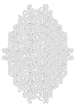 A complex tessellation of interlocking hexagons and diamonds with detailed line work for a geometric coloring page.