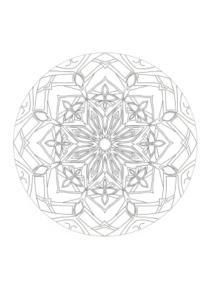 A intricately detailed circular geometric mandala featuring symmetrical floral patterns and sharp angular shapes.