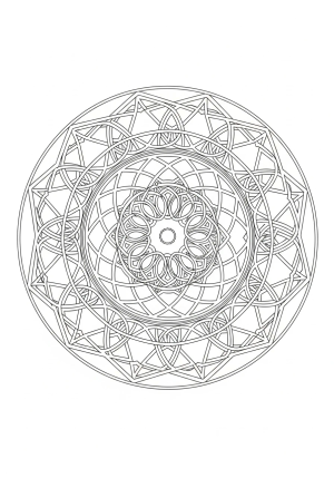 A balanced geometric mandala design with concentric circles, interlaced lines, and repeating polygonal motifs.