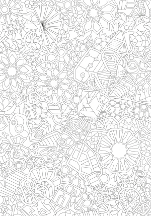 An intricate mosaic of overlapping hexagons, parallelograms, and circles forming a complex geometric design