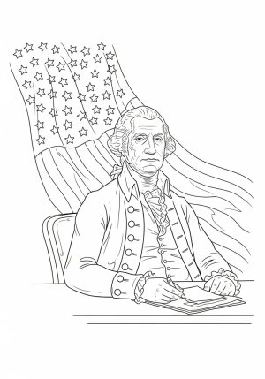 A classic portrait of George Washington seated at a desk with the American flag draped behind him and documents in his hand