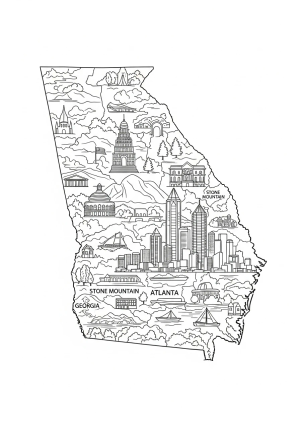An intricate outline of the state of Georgia featuring landmarks like Stone Mountain and the Atlanta skyline