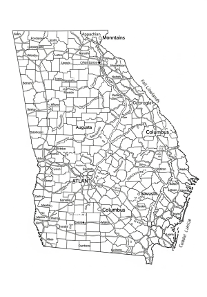 A detailed map of Georgia with major cities and geographical features artistically illustrated