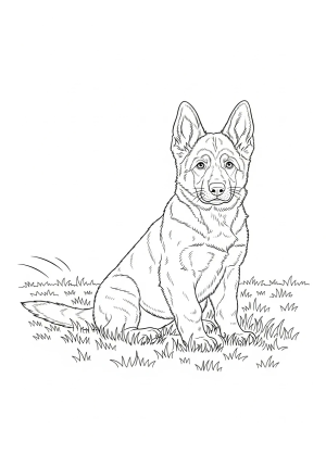 A detailed illustration of a playful German Shepherd puppy sitting in a grassy field with a wagging tail.