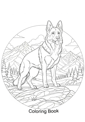 A majestic German Shepherd standing on a rocky outcrop with a proud posture, surrounded by trees and mountain scenery.