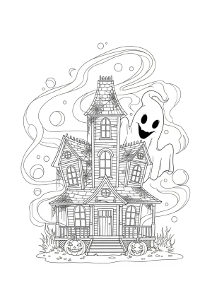 A playful ghost peeking out from behind a haunted house with cobwebs, pumpkins, and ghostly wisps swirling around