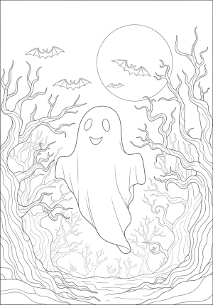 A friendly ghost floating through a spooky forest with twisted trees and fluttering bats beneath a full moon