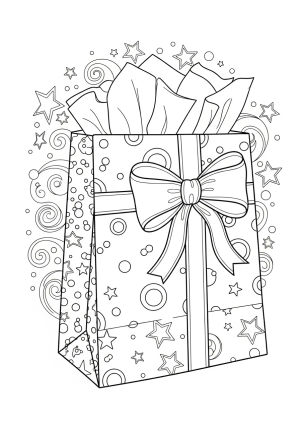A cheerful gift bag with tissue paper peeking out, adorned with playful patterns, ribbons, and bows, set against a festive background of stars and swirls