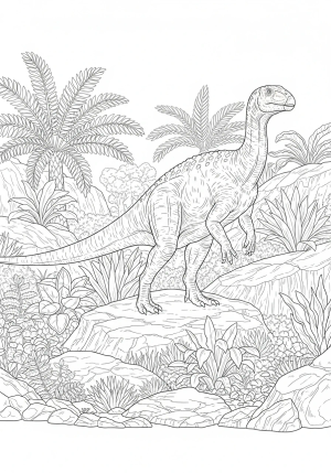 A detailed scene of a giganotosaurus majestically standing on a rocky terrain with lush prehistoric plants in the background