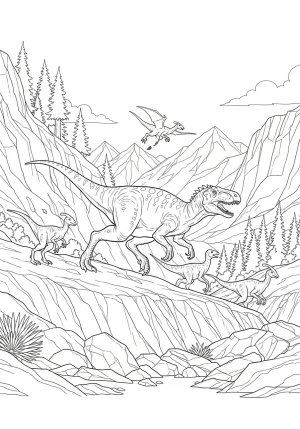 An action-packed illustration of a giganotosaurus chasing small dinosaurs across a rugged landscape with trees and mountains in the distance
