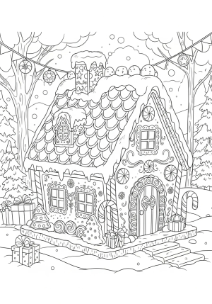 A detailed gingerbread house decorated with icing, candy canes, gumdrops, and snow on the roof, set in a festive winter scene