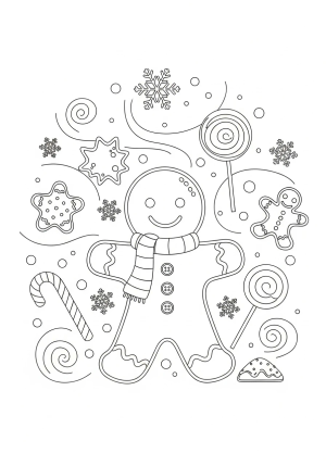 A cute gingerbread man wearing a scarf and buttons, surrounded by swirling snowflakes and holiday treats in a whimsical setting