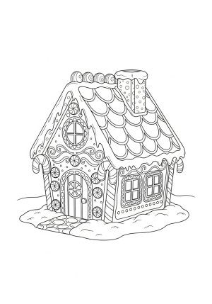 A cozy gingerbread house with candy cane pillars, decorated with icing swirls and gumdrop windows, surrounded by snow-covered trees.
