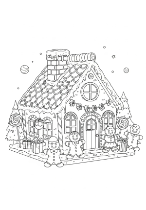 A whimsical gingerbread house with a candy roof, frosting chimney, and surrounded by gingerbread people and festive holiday decorations.