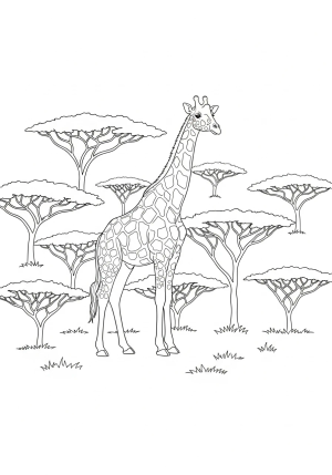 A tall giraffe standing gracefully in a lush savannah filled with scattered acacia trees.