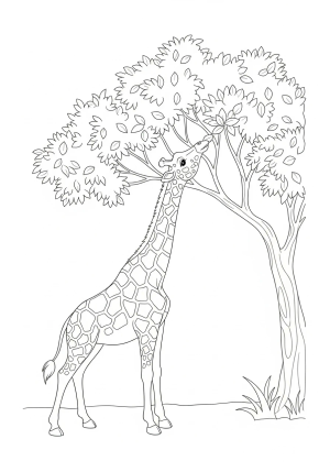 A playful giraffe stretching to reach high leaves on a leafy tree in a peaceful jungle scene.