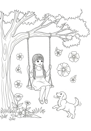 A girl with pigtails sitting on a swing hanging from a large tree, surrounded by blooming flowers and with a playful puppy nearby