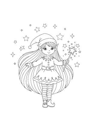 A cheerful girl elf with long flowing hair, wearing a festive dress and a pointed hat, holding a magic wand with stars around her.
