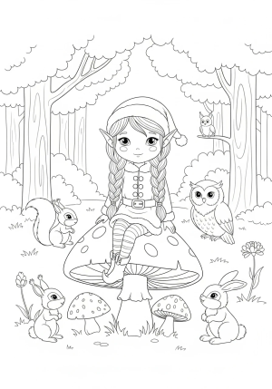 A girl elf with braided hair and a cozy winter outfit, sitting on a mushroom and surrounded by woodland creatures in a whimsical forest scene.