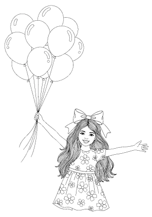 A joyful girl wearing a floral dress and a big bow in her hair, holding a bunch of balloons.