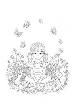 A young girl sitting cross-legged in a magical garden filled with blooming flowers, butterflies, and cute animals.