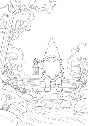 A cheerful gnome sitting on a log near a bubbling stream, holding a lantern with trees and flowers in the background.