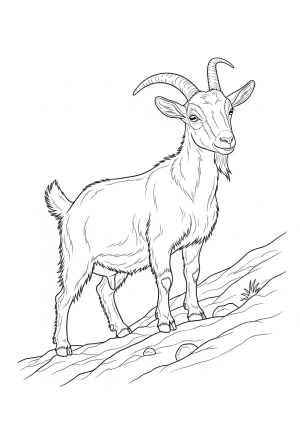 A playful goat standing on a rocky hillside with detailed fur and expressive eyes