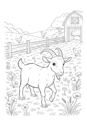 A cute goat exploring a farmyard, with barnyard details and wildflowers around it