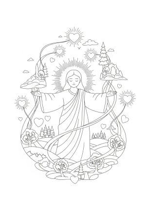 A gentle depiction of a loving, embracing figure surrounded by radiant hearts and peaceful nature, symbolizing divine love and compassion