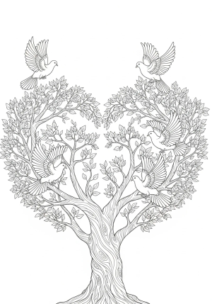 An intricate scene of a majestic tree with sprawling branches forming a heart shape, with delicate doves resting among the leaves, representing divine love and serenity