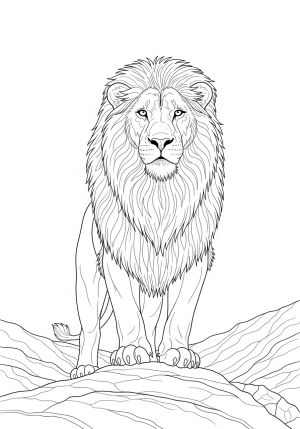 A majestic lion standing proudly atop a rocky landscape with detailed mane and expressive eyes