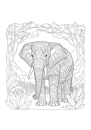 A gentle elephant with elaborate patterns on its skin, standing in a lush jungle setting