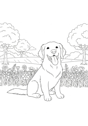A friendly golden retriever sitting happily with its tongue out, surrounded by a sunny field with flowers and trees in the background