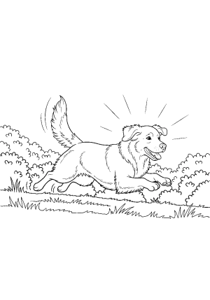 A playful golden retriever bounding through a park with grass and bushes, capturing its joyful and energetic posture