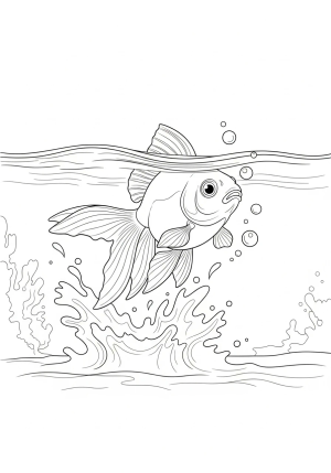 A playful scene of a goldfish jumping out of the water with splashes and bubbles around it, set against a simple underwater background