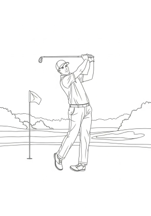 A detailed scene of a golfer swinging a club on a sunny golf course with a flagstick in the background.