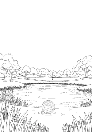 A tranquil water hazard with a golf ball resting on the edge of the pond surrounded by lush grass and trees.