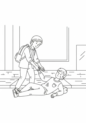 A kind Samaritan helping an injured person along a street, with both characters showing compassion and care.